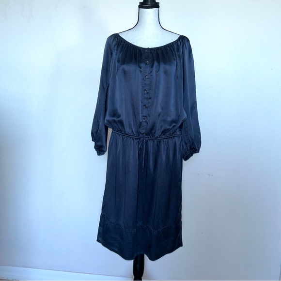 BCBG MaxAzria 100% Silk Navy Drop Waist Blue Midi Relaxed Fit Dress Small - Picture 5 of 13